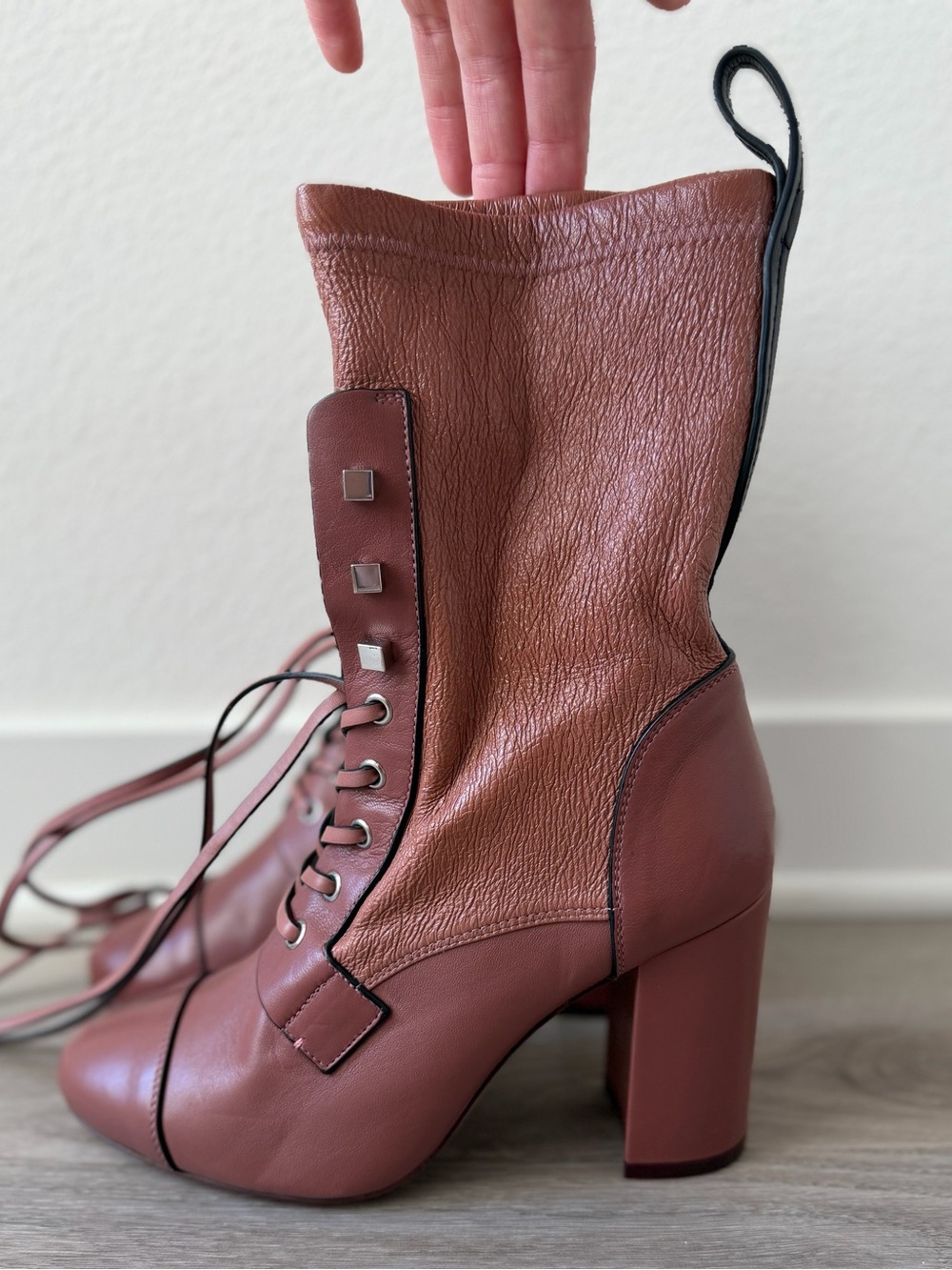 Pink Lace-Up Leather Ankle Boot with Block Heel